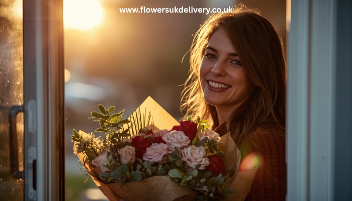 birthday gift delivery flowers at the door Relevance: Illustrates the joy of flower delivery Placement: After Section 1