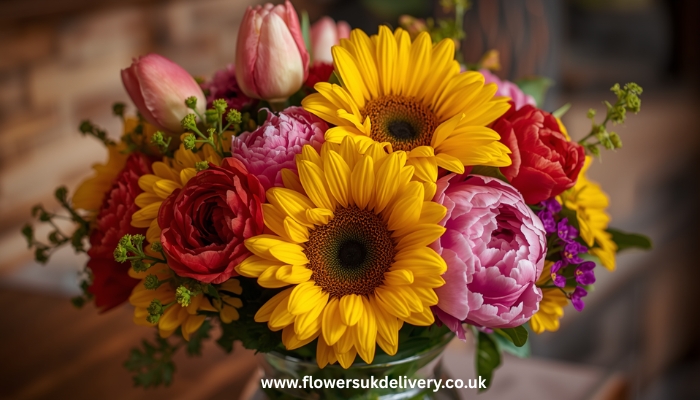 best birthday flowers sunflowers tulips peonies bouquet Relevance: Showcases popular flower variety choices Placement: After Section 6 intro