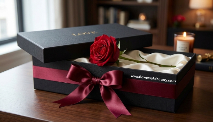 single red rose anniversary gift ideas UK elegant gift box Placement: After the