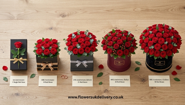 anniversary gift ideas UK flowers by year rose bouquet Placement: After the anniversary gift guide section