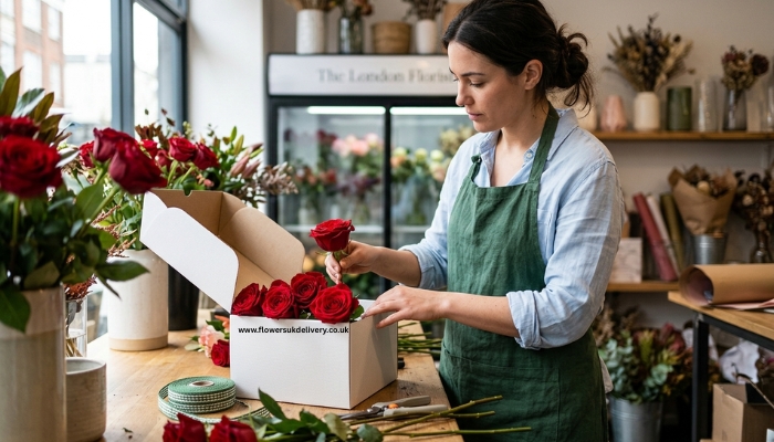 fresh flower delivery UK online florist arranging red roses Placement: After the delivery section
