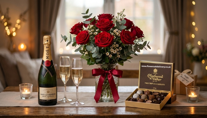 anniversary gift ideas UK flowers chocolates wine romantic combo Placement: After the combo section