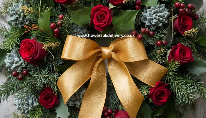 raditional flower delivery UK Christmas wreath with roses and holly