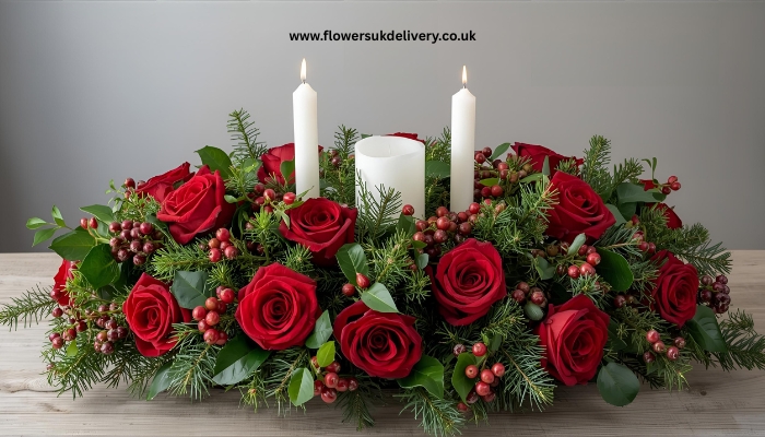 Send online Christmas gifts flower arrangement table centrepiece UK