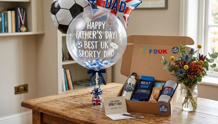 Personalized Father's Day gift with flowers card and balloon UK Placement: Within 
