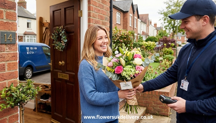 send flowers online UK door delivery fresh bouquet Relevance: Shows the joy of receiving a flower delivery Placement: After Section 1