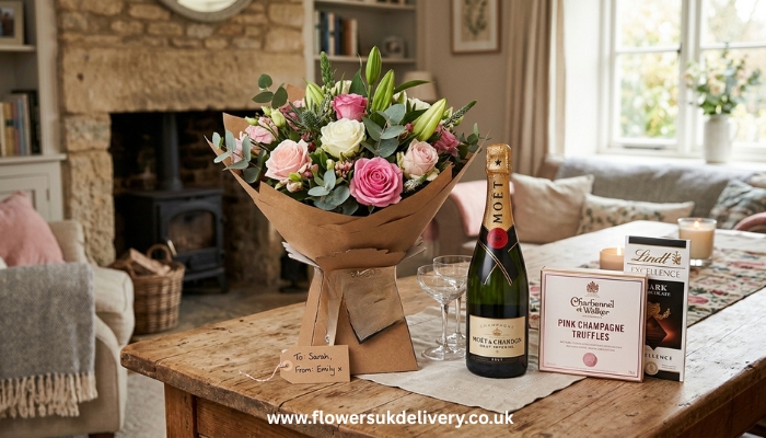 gifts for UK delivery flower bouquet chocolate champagne bundle Relevance: Shows the full gifting experience and inspires add-on purchases Placement: After the