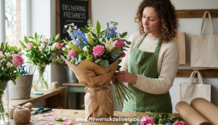 fresh flower bouquets UK trusted florist eco-friendly packaging delivery Relevance: Builds trust by showing care and craft behind each order Placement: After the trust bullet points
