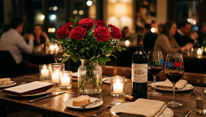 Send flowers UK — red roses and Merlot romantic gift for anniversaries and Valentine's Day Placement: Inside Section 3 Relevance: Visually captures the romantic pairing described in this section
