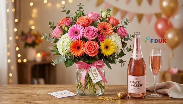 Birthday flowers and wine gift ideas with roses and sparkling rosé UK delivery Placement: Below Introduction Relevance: Sets the visual tone for the whole article and shows the core gift idea