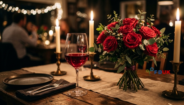 Best flowers and wine gifts for romantic occasions — red roses and Merlot UK Placement: Below Section 1 Relevance: Illustrates the romantic appeal of flowers and wine together