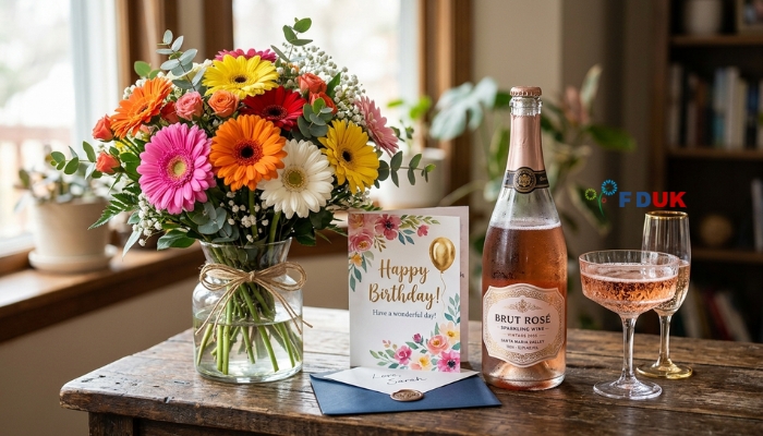Birthday flowers and wine gift ideas — gerbera daisies and sparkling rosé order online UK Placement: Inside Section 2 Relevance: Directly shows the birthday pairing being described