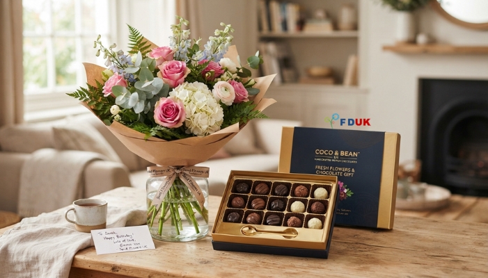 Send Flowers UK gift set with fresh bouquet and chocolate box