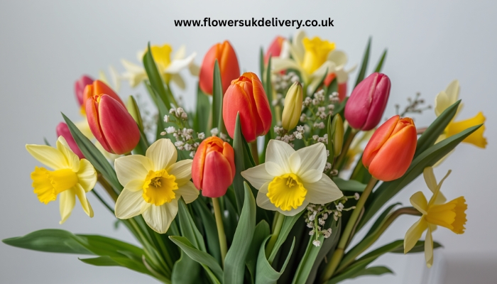 Easter flowers UK delivery — spring bouquet with tulips and daffodils Relevance: Sets the visual tone for Easter gifting Placement: Right after the introduction