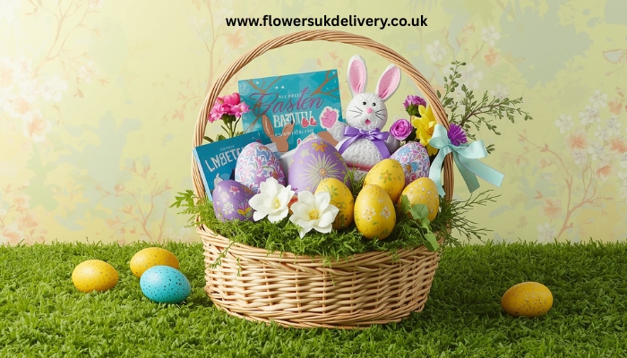 Best Easter gift ideas UK 2026 — gift basket with Easter eggs and flowers Relevance: Shows a complete Easter gift presentation Placement: Within Section 4