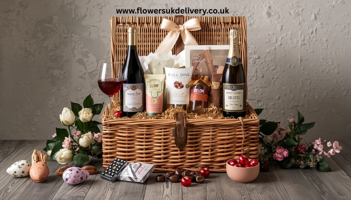 Online gift hampers UK — luxury Easter hamper with wine and chocolates Relevance: Shows a high-end hamper presentation Placement: Within Section 6