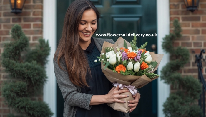 Flowers UK delivery — happy customer receiving Easter flower gift Relevance: Builds trust and shows the emotional impact of gifting Placement: Within Section 7