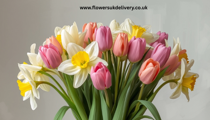 Send flowers UK Easter spring daffodils tulips pastel bouquet