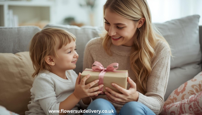 A gift box with a ribbon being handed from a child to their mother