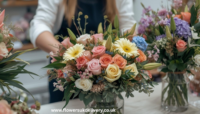 A doorstep delivery of a flower bouquet in a branded box with a ribbon