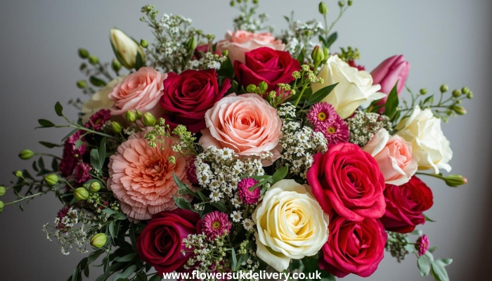 A beautifully decorated floral-themed cake next to a bouquet of roses