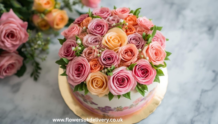 A wicker hamper filled with chocolates, candles, teas, and a small flower bouquet