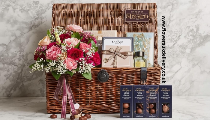 A woman smiling as she opens a gift hamper with flowers and sweets inside