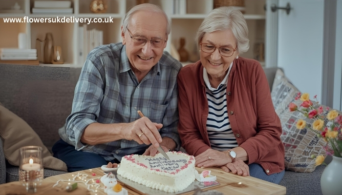 Couple celebrating anniversary with cake delivery UK