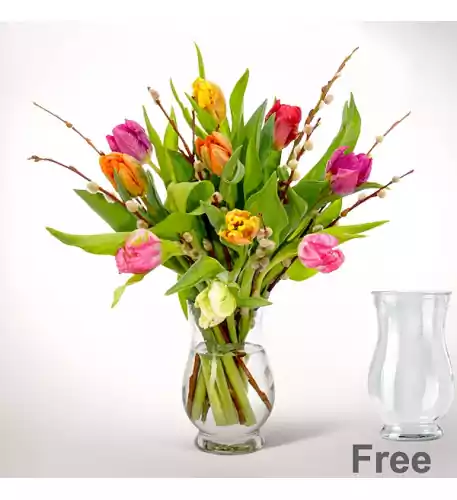 10 Parrot tulips with willow catkins with vase & 3 Ferrero Giotto 10 Parrot tulips with willow catkins with vase & 3 Ferrero Giotto