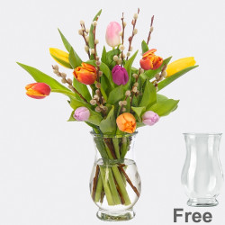 10 tulips with pussy willows with vase