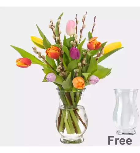 10 tulips with pussy willows with vase