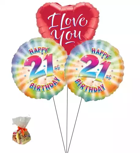 Happy 21st Birthday Sweet Balloon-With I Love You Balloon(Bunch Of Three)