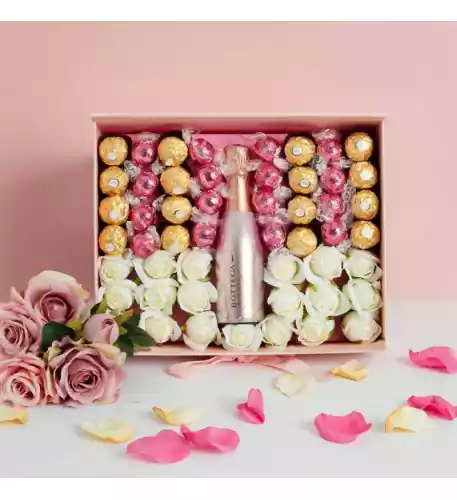 Luxury Pink Prosecco Hamper with White Roses and Chocolates