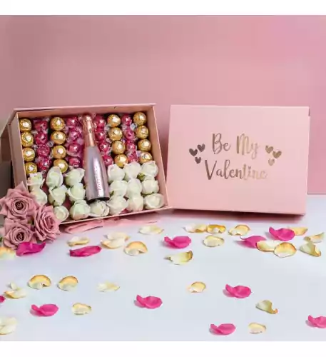 Be My Valentine Pink Luxury Prosecco Hamper with Roses and Chocolates