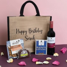 Personalised Happy Birthday Red Wine Treats Jute Bag