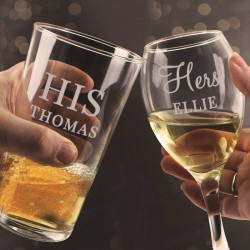 Personalised His & Her Pint and Wine Glass Set Personalised His & Her Pint and Wine Glass Set