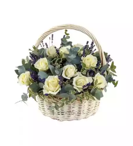 Basket with White Roses and Lavender (Basic) Basket with White Roses and Lavender (Basic)