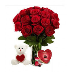 24 red roses with chocolates and teddy bear