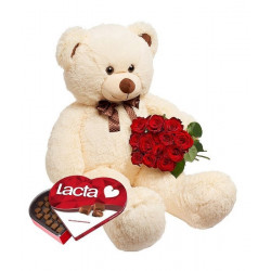 12 Red Roses, Beige Teddy and Chocolates (Basic)