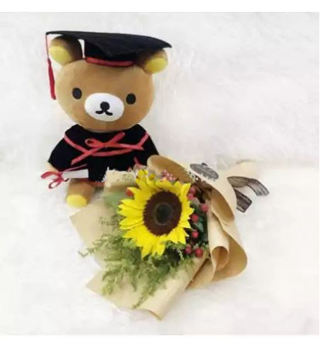 Convocation Set 07 (Convocation Rilakkuma With 1 stalk Sunflower Hand Bouquet)