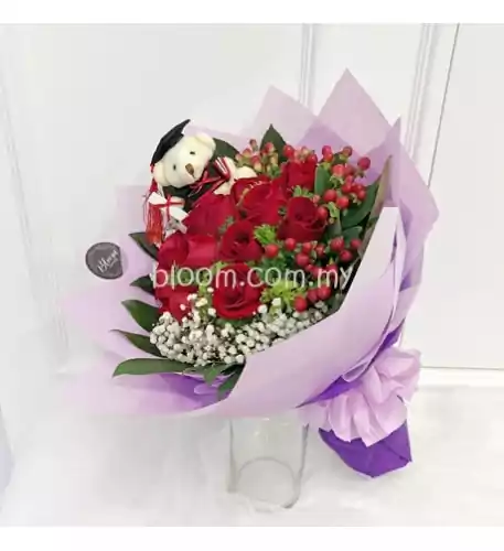 Graduation Bouquet 08 (2 Bear + 24 Pink Rose)