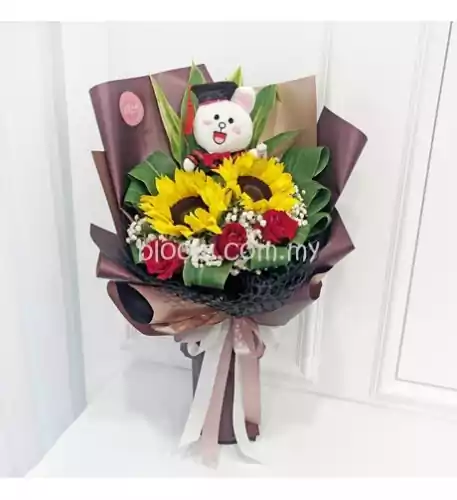 Graduation Bouquet 18 (Convocation Monkey with 2 stalks sunflowers & 3 red roses)