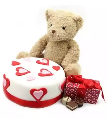 Love Cake with Teddy and Chocolates (7 Inch Love Cake with Teddy and Chocolates)