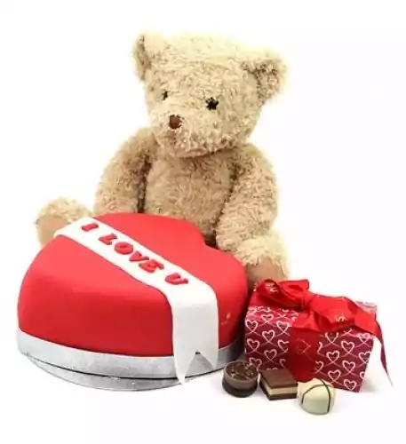 Red Heart Chocolates and Bear (7 Inch Red Heart Chocolates and Bear)