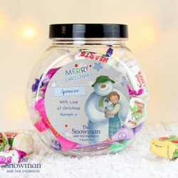 PERSONALISED THE SNOWMAN AND THE SNOWDOG BLUE SWEET JAR

