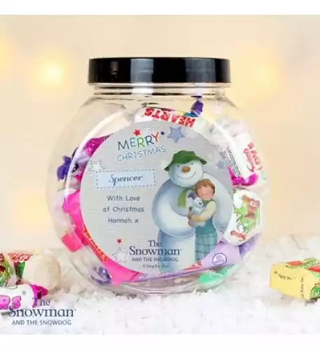 PERSONALISED THE SNOWMAN AND THE SNOWDOG BLUE SWEET JAR
