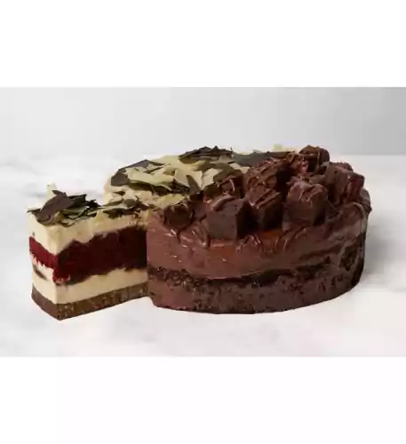 50/50 Red Velvet Cheesecake and Chocolate Brownie Fudge Cake