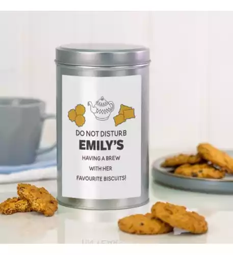 Personalised Having A Brew Tin with a Dozen Biscuits