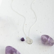 Amethyst Teardrop Necklace - Sterling Silver with Engraved Initial