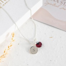 Sterling Silver Garnet Necklace - Teardrop Gem with Personalised Initial